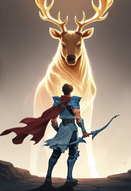1boy, GOHPROT, male focus, toned male, short hair, brown hair, red cape, shoulder armor, black sleeveless bodysuit, white toga, white loincloth, belt, waist armor, vambraces, greaves, (bow \(weapon\):1.5), from behind, bosstyle, fighting a glowing golden deer, masterpiece, best quality, amazing quality,