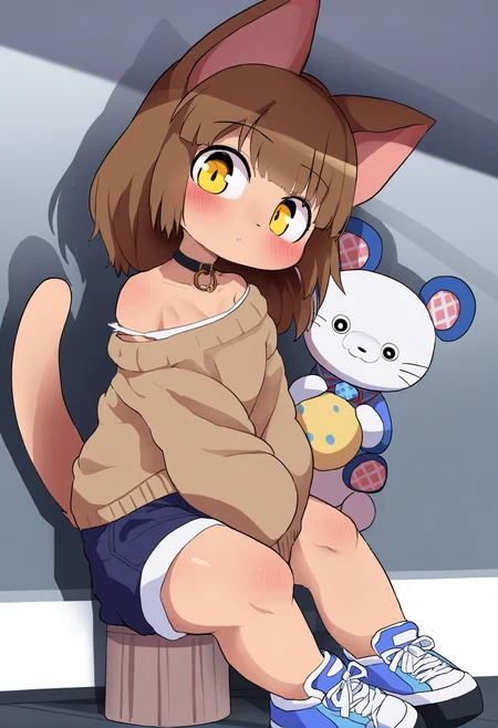masterpiece, hyper detailed, best quality,(furry:1.3),1girl, brown hair, animal ears, tail, solo, sitting, long hair, sweater, shorts, shoes, stool, yellow eyes, animal on shoulder, sneakers, looking at viewer, off shoulder, bangs, full body, short shorts, animal, off-shoulder sweater, brown sweater, long sleeves, cat ears, cat, bare legs, shadow, choker, blue footwear, between legs, blue shorts ,<lora:DAGASIXLlokr8f-000188:0.95>