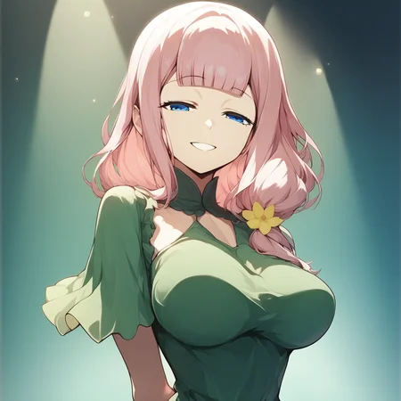score_9, score_8_up, score_7_up, source_anime BREAK 1girl, fujiwara_toyomi, pink hair, blue eyes, half-closed eyes, looking at viewer, blunt bangs, hair over one shoulder, large breasts, perky breasts, stage spotlight, green dress, frills, simple background, yellow flower, motherly side plait, hand behind back, upper body, smile, rating_questionable