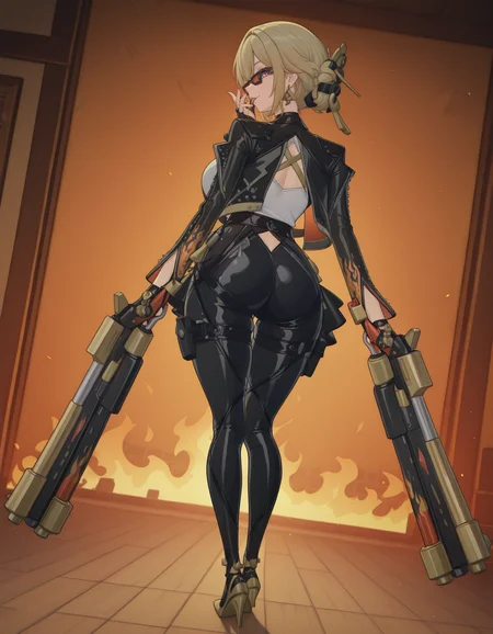 masterpiece,best quality,limited color palette,lineart,vector art,leather jacket,gold tie,black leather pants,white shirt,gold high heels,sunglasses,smiling,<lora:Hoseki_ZenlessZoneZero_BurniceWhite_IllustriousXL_v1:1>,(brncwht:0.5),Evelyn,solo,blond hair,hair ornaments,earrings,purple eyes,hair bun,beautiful frame,<lora:Evelyn_-_Zenless_Zone_Zero_ZZZ_-_Illustrious:1>,large breasts,double firethrower,(full body:0.5),((gunfire)),thighhighs,on the background of wooden houses on fire,fire background,licking hand,skirt,<lora:Pulchra:1>,(fire edgMM:1.3),flames around,dynamic_angle,from behind,hip_focus,looking_back,