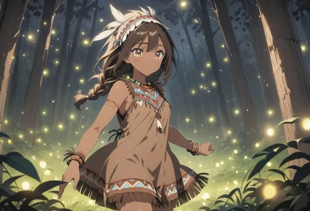 Dolly shot, eye level height, dark brown eyes, from the side, (masterpiece), (best quality), (ultra-detailed), very aesthetic, illustration, perfect composition, intricate details, absurdres, detailed face, (anime, masterpiece, intricate:1.3), (best quality, hires textures, high detail:1.2), (4k),(incredibly detailed:1.4) 
(((Best quality))), (((Ultra detailed))), ((((vivid)))), landscape, cowboy shot, focus on girl, (((fireflies, particles))), (fireflies lighting:1.4) (((dark forest at night, white trees))), trees cover background, trees cover sky,( Night, night time:1.5), <lora:more_details:0.5>, 1girl, walking, Brown Skin, Native American,tan skin, wearing a brown deerskin dress, long brown braided hair, beaded necklace, feather headdress, brown rope bracelet, brown eyes, hand reaching forward, from the side, dark night, (light only from fireflies:1.7) firefly light source