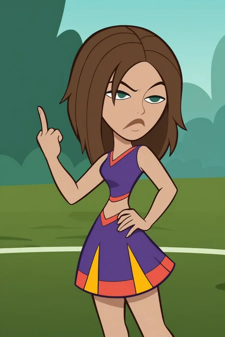 score_9, score_8_up, score_7_up, score_6_up, score_5_up, score_4_up, BREAK, <lora:Bonnie_Rockwaller:.8>, 1girl, Bonnie, brown hair, green eyes, no pupils, dark skin, cheerleader outfit, standing, one hand on hip, middle finger up
