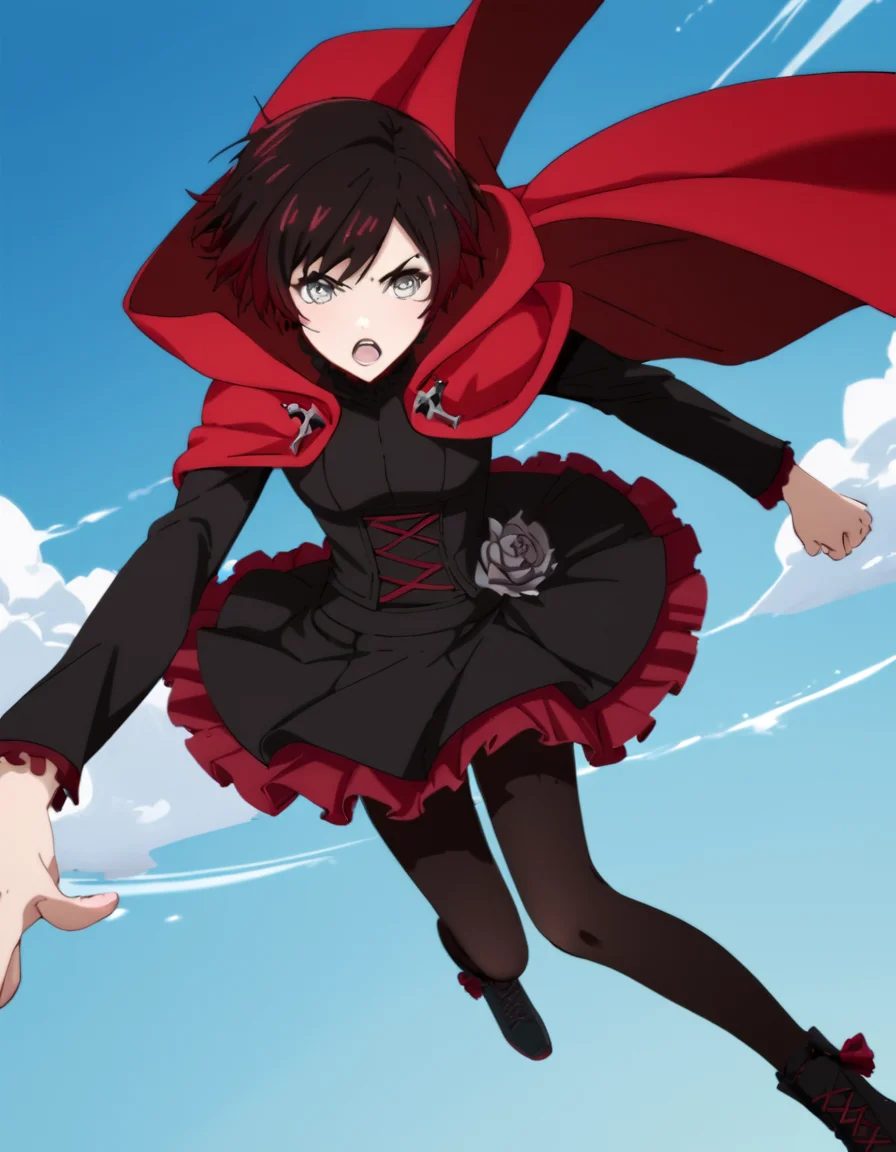 score_9, score_8_up, score_7_up, score_6_up, score_5_up, score_4_up, source_anime, RubyRose, short hair, black hair, red hair, two-tone hair, grey eyes, skirt, pantyhose, cape, , action pose