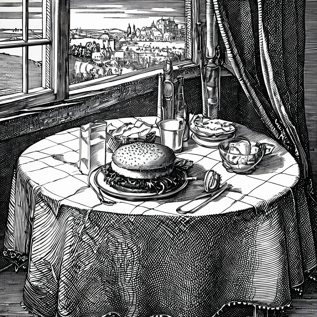 durer, engraving, monochrome, an appetizing hamburger on the table, the light from the window, the tablecloth on the table, <lora:DURER-01:1>