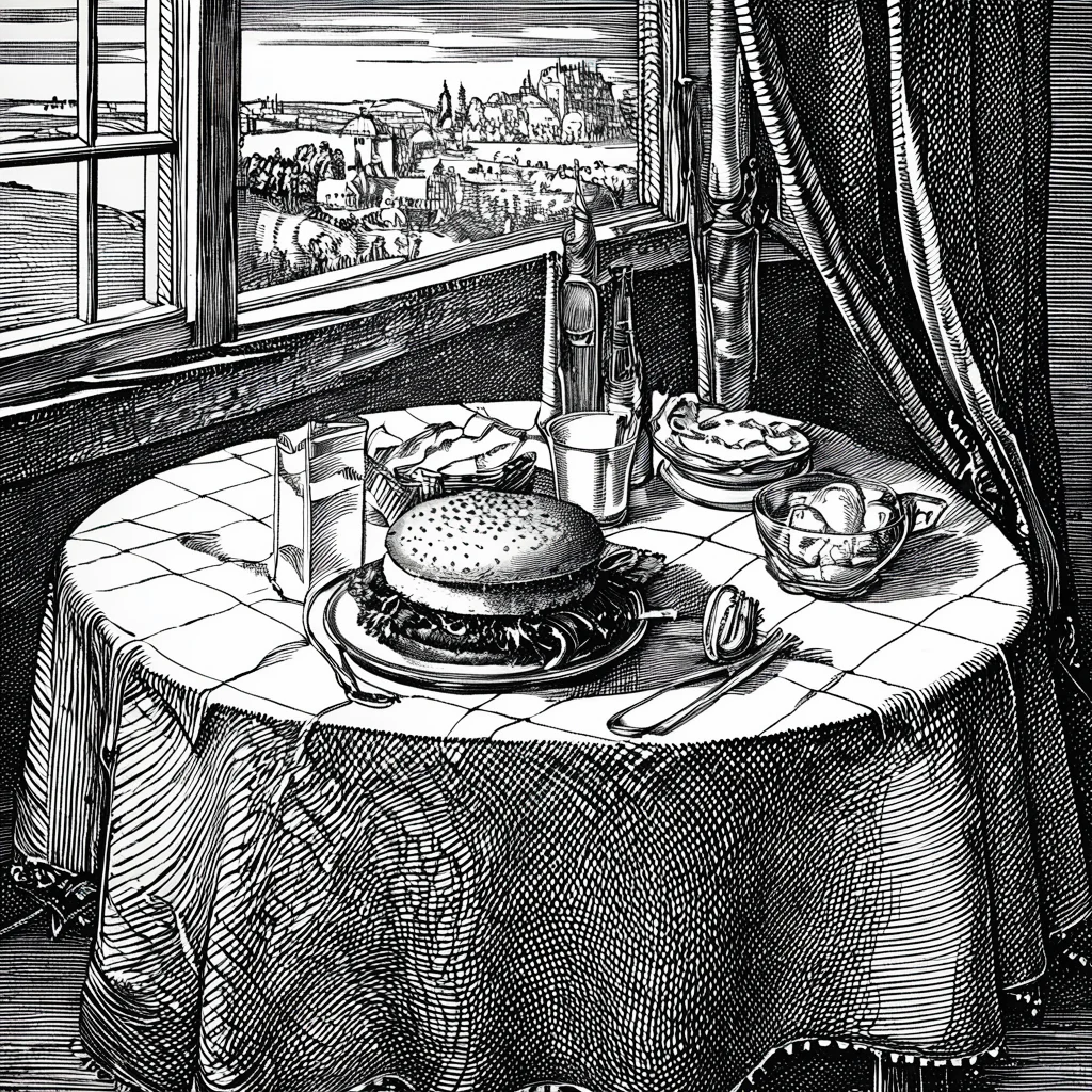durer, engraving, monochrome, an appetizing hamburger on the table, the light from the window, the tablecloth on the table, <lora:DURER-01:1>