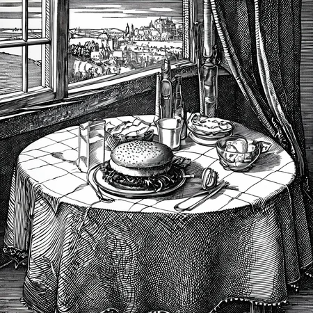 durer, engraving, monochrome, an appetizing hamburger on the table, the light from the window, the tablecloth on the table, <lora:DURER-01:1>