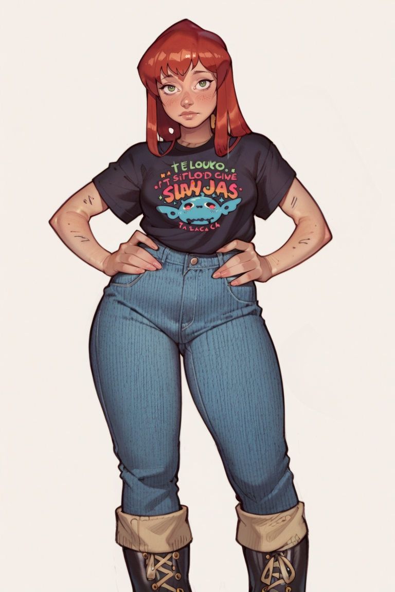 <lora:RealMix3:1>, score_9, score_8_up, score_7_up, score_6_up, score_5_up, rating_questionable, source cartoon
1girl, pretty face, pretty eyes, detailed eyes, HD eyes, thick thighs
hands on hips, standing, cowboy shot
looking at viewer, blush, eyebrows, long hair, red hair, green eyes jeans, green t-shirt, boots, high waisted jeans
simple background, white background