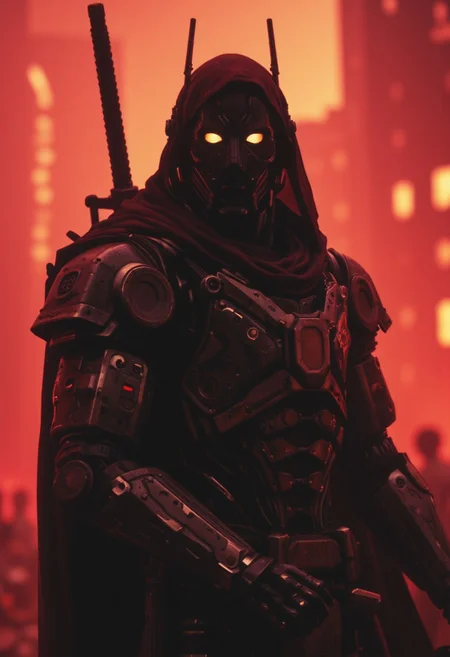 closeup portrait photo of an Elysium Robot Cyborg Samurai, macro, a captivating vibrant dark capturing the essence of a cyborg Bedouin sorcerer in fight stance, standing infront of dystopian megacity. ethereal, smoky backdrop. a translucent red/tanslucent amber/black, atmospheric haze, Film grain, cinematic film still, shallow depth of field, highly detailed, high budget, cinemascope, moody, epic, OverallDetail, gorgeous, 2000s vintage RAW photo, photorealistic, candid camera, color graded cinematic, eye catchlights, atmospheric lighting, skin pores, imperfections, natural, shallow dof,