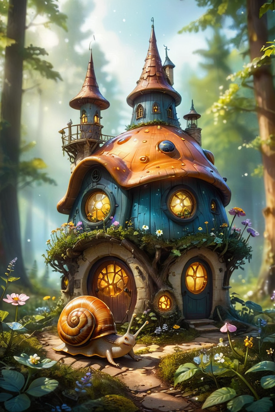 A hyper-realistic and surreal scene featuring a snails-shaped house in the middle of a forest. The surroundings are adorned with small flowers and glowing fireflies, adding a magical touch. The image is captured using tilt-shift photography, creating a dreamy, blurred background with a slight mist, enhancing the whimsical and fantastical atmosphere. The details of the snails house, the delicate flowers, and the fireflies are meticulously rendered, making it a captivating and enchanting visual experience.
hyper-realistic, surreal, snails-shaped house, forest, small flowers, glowing fireflies, tilt-shift photography, dreamy, blurred background, slight mist, whimsical, fantastical, meticulously rendered, captivating, enchanting visual experience.
<lora:20240627-1719439682067:0.8> FRESHIDEAS Fantasy Cottage,
<lora:add-detail-xl:1.0>,
<lora:EnvyBetterHiresFixXL01:1.0>,
<lora:extremely_detailed:1.0>, extremely detailed, 
<lora:EldritchMixIllustration_1.1:0.75>,
<lora:zavy-cntrst-sdxl:0.5> dark, chiaroscuro, low-key,