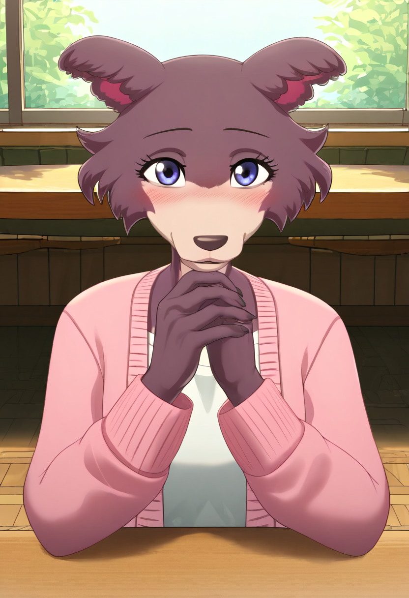 zPDXL, score_9_up, score_8_up,_7_up, score_6_up, score_5_up, score_4_up ,source_furry, best quality, amazing quality, masterpiece, 1girl, looking at viewer, solo, close, face focus, upper body, cute, blush, seductive smile, cute pose, outoors, cafe,  sitting at the table, juno, wolf girl, brown-purple fur, blue eyes, wolf tail, pink cardigan, white t-shirt, green pants, <lora:JunoUpdated:0.8>,  whisperfoot, <lora:Whisperfoot:1>, Expressiveh, good_hands, <lora:Expressive_H:0.8>, <lora:Detail_Slider_v1.4_iteration_3:4>, <lora:pony_good_hands:0.8>