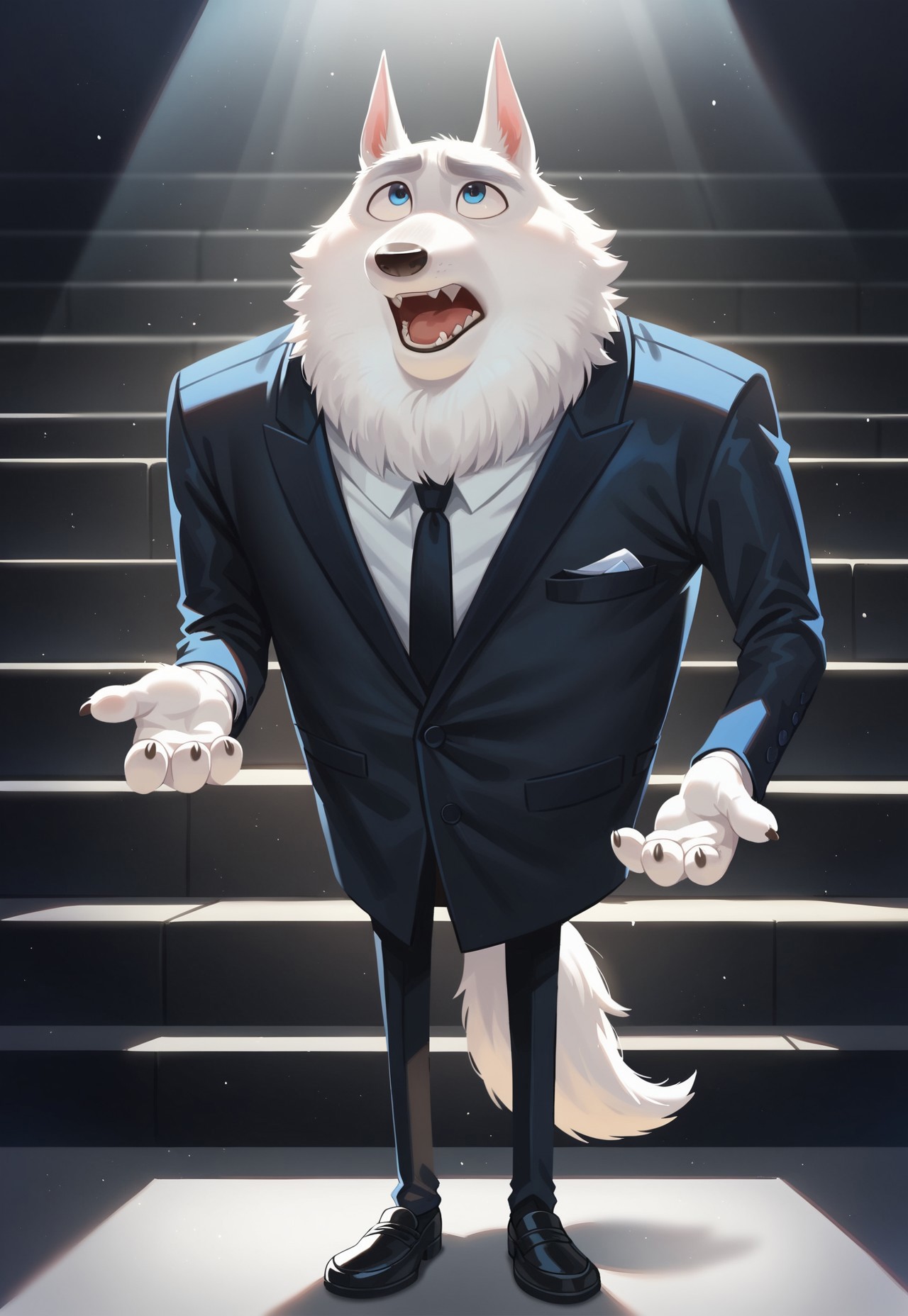 score_9, score_8_up, score_7_up, score_6_up, hi res, highly detailed, masterpiece, dynamic angle, full body, inside theater, on stage, spotlight, blurred background, particles, JimmyCrystal, Blue Eyes, Black Tie, Black Suit, Dress Shoes, Arctic Wolf, White Fur, solo, male, anthro, looking up, open mouth, holding microphone