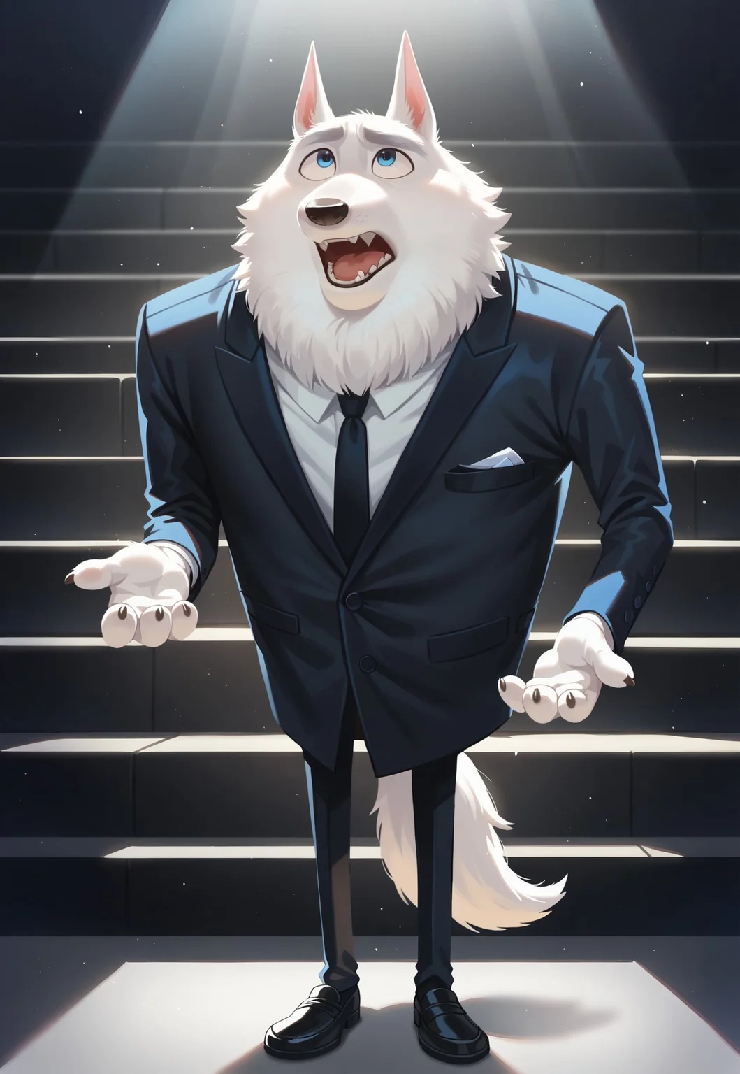 score_9, score_8_up, score_7_up, score_6_up, hi res, highly detailed, masterpiece, dynamic angle, full body, inside theater, on stage, spotlight, blurred background, particles, JimmyCrystal, Blue Eyes, Black Tie, Black Suit, Dress Shoes, Arctic Wolf, White Fur, solo, male, anthro, looking up, open mouth, holding microphone