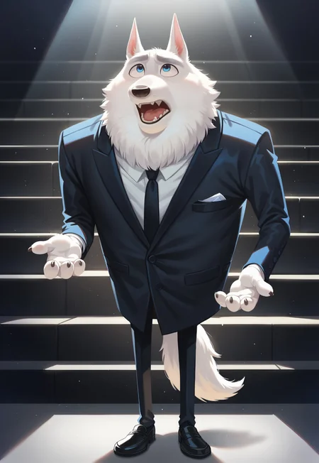 score_9, score_8_up, score_7_up, score_6_up, hi res, highly detailed, masterpiece, dynamic angle, full body, inside theater, on stage, spotlight, blurred background, particles, JimmyCrystal, Blue Eyes, Black Tie, Black Suit, Dress Shoes, Arctic Wolf, White Fur, solo, male, anthro, looking up, open mouth, holding microphone