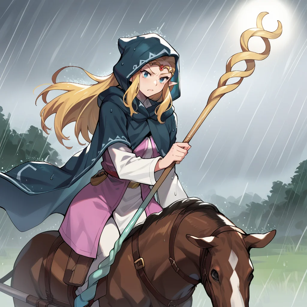 score_9, score_8_up, score_7_up, score_6_up, score_5_up, score_4_up, zPDXL2,source_anime,rating_questionable, 1girl,rain, storm, glower, angry, riding horse, white horse, outdoors, cowboy shot, <lora:Princess_Zelda_-_Echoes_of_Wisdom_r1:0.8>1girl, Zelda_EoW, princess zelda, blue eyes, blonde hair, long hair, cloak, hood up, holding staff, hooded cape, long sleeves, white shirt, circlet
