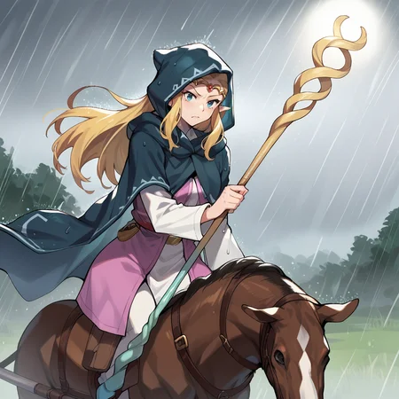 score_9, score_8_up, score_7_up, score_6_up, score_5_up, score_4_up, zPDXL2,source_anime,rating_questionable, 1girl,rain, storm, glower, angry, riding horse, white horse, outdoors, cowboy shot, <lora:Princess_Zelda_-_Echoes_of_Wisdom_r1:0.8>1girl, Zelda_EoW, princess zelda, blue eyes, blonde hair, long hair, cloak, hood up, holding staff, hooded cape, long sleeves, white shirt, circlet