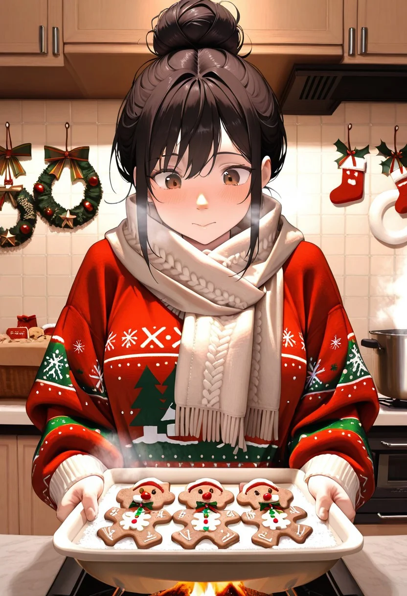 (masterpiece, best quality, ultra-detailed:1.3), RAW photo, 8K UHD,
1girl, flour-dusted nose, messy bun under scarf, Christmas sweater,
[Cozy kitchen with decorations], [pulling gingerbread cookies from oven],
warm holiday lighting, steam effects, food details