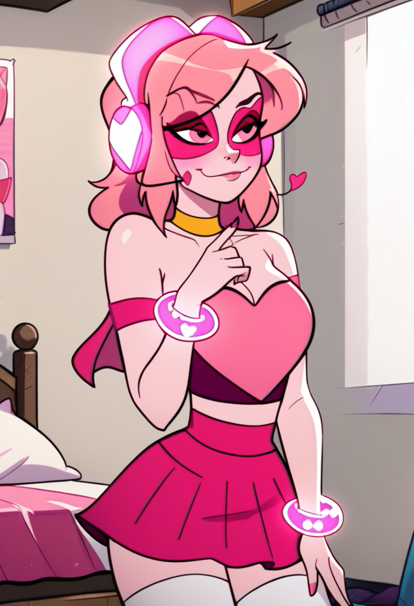 score_9, score_8_up, score_7_up,  <lora:miss_heed:1> missheedxl, 1girl, pink hair, pink skin, headphones, choker, pink eyes, cleavage, bracelet, jewelry, heart, crop top, pink skirt, thighhighs, sunglasses, medium breasts, miniskirt, bare shoulders, bedroom,