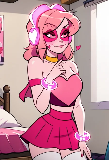 score_9, score_8_up, score_7_up, <lora:miss_heed:1> missheedxl, 1girl, pink hair, pink skin, headphones, choker, pink eyes, cleavage, bracelet, jewelry, heart, crop top, pink skirt, thighhighs, sunglasses, medium breasts, miniskirt, bare shoulders, bedroom,