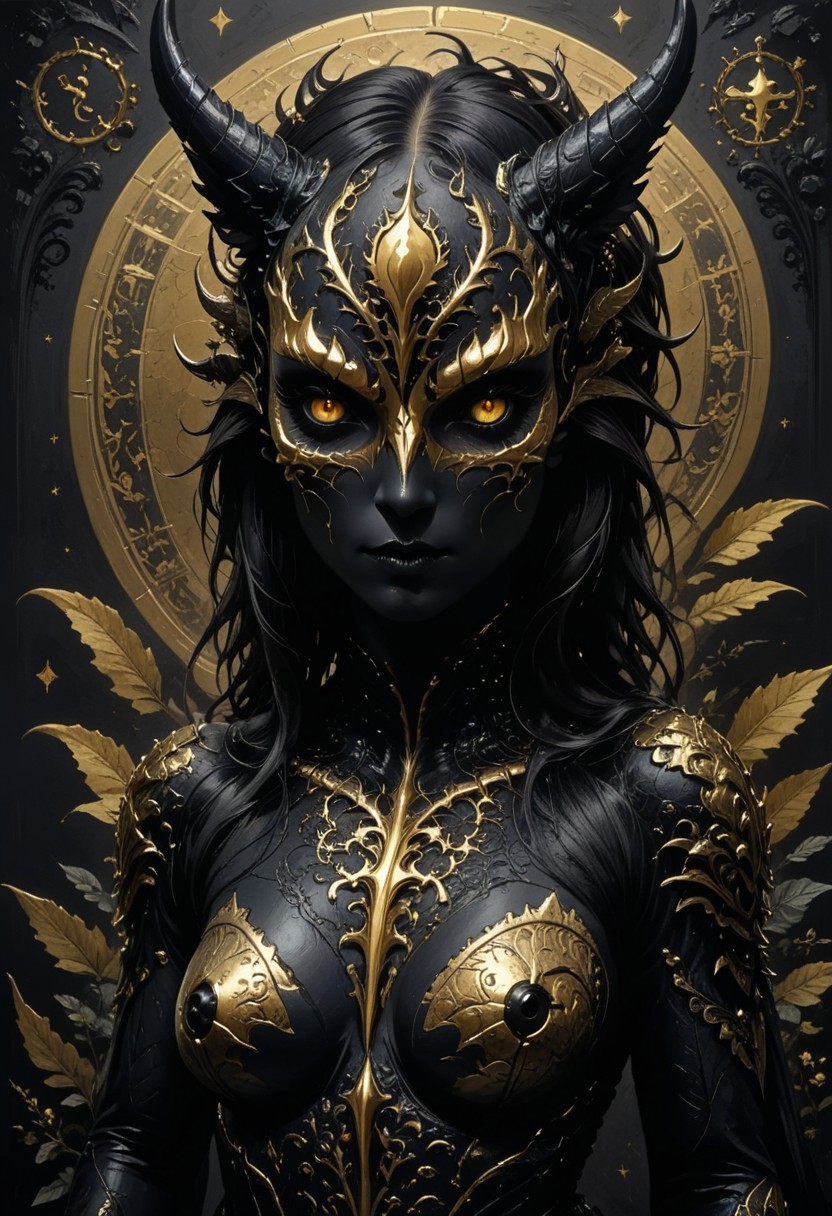 very detailed digital artwork. fantastic hybrid creature. A cross between a black unicorn, beautiful woman and a mythical giant dragon. stylized, ornate and dark design. Head and neck with intricate, swirling patterns and decorations. Fusion of organic and mechanical elements. Fur of rich black and intricate, bright gold and copper patterns. Mixture of flowers, leaves and mechanical components.
best quality, ultra-detailed, very aesthetic, perfect composition, intricate details, dark atmospheric, Masterpiece, dark colors, very detailed, midjourneyv6.1, detail background, dark, chiaroscuro, dark futuristic, circuitboard, dark fantasy, view from side, black unicorn, golden horn on the forehead, centerfold, posing, playboy, playboyposexl, modeling, on side, model