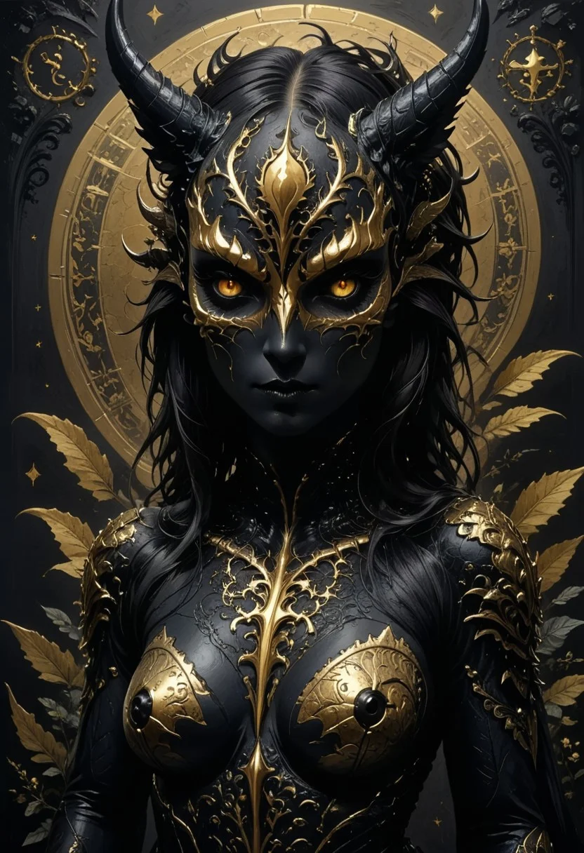 very detailed digital artwork. fantastic hybrid creature. A cross between a black unicorn, beautiful woman and a mythical giant dragon. stylized, ornate and dark design. Head and neck with intricate, swirling patterns and decorations. Fusion of organic and mechanical elements. Fur of rich black and intricate, bright gold and copper patterns. Mixture of flowers, leaves and mechanical components.
best quality, ultra-detailed, very aesthetic, perfect composition, intricate details, dark atmospheric, Masterpiece, dark colors, very detailed, midjourneyv6.1, detail background, dark, chiaroscuro, dark futuristic, circuitboard, dark fantasy, view from side, black unicorn, golden horn on the forehead, centerfold, posing, playboy, playboyposexl, modeling, on side, model
