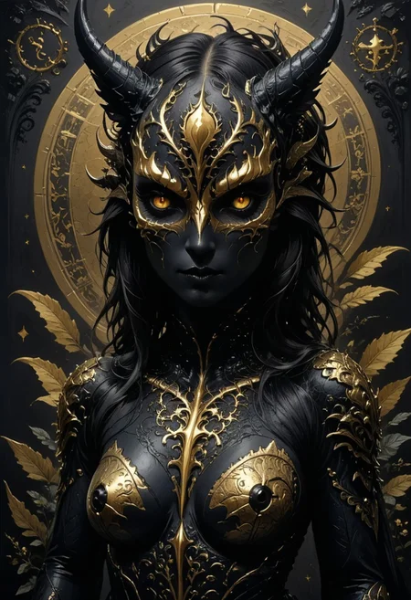 very detailed digital artwork. fantastic hybrid creature. A cross between a black unicorn, beautiful woman and a mythical giant dragon. stylized, ornate and dark design. Head and neck with intricate, swirling patterns and decorations. Fusion of organic and mechanical elements. Fur of rich black and intricate, bright gold and copper patterns. Mixture of flowers, leaves and mechanical components.
best quality, ultra-detailed, very aesthetic, perfect composition, intricate details, dark atmospheric, Masterpiece, dark colors, very detailed, midjourneyv6.1, detail background, dark, chiaroscuro, dark futuristic, circuitboard, dark fantasy, view from side, black unicorn, golden horn on the forehead, centerfold, posing, playboy, playboyposexl, modeling, on side, model