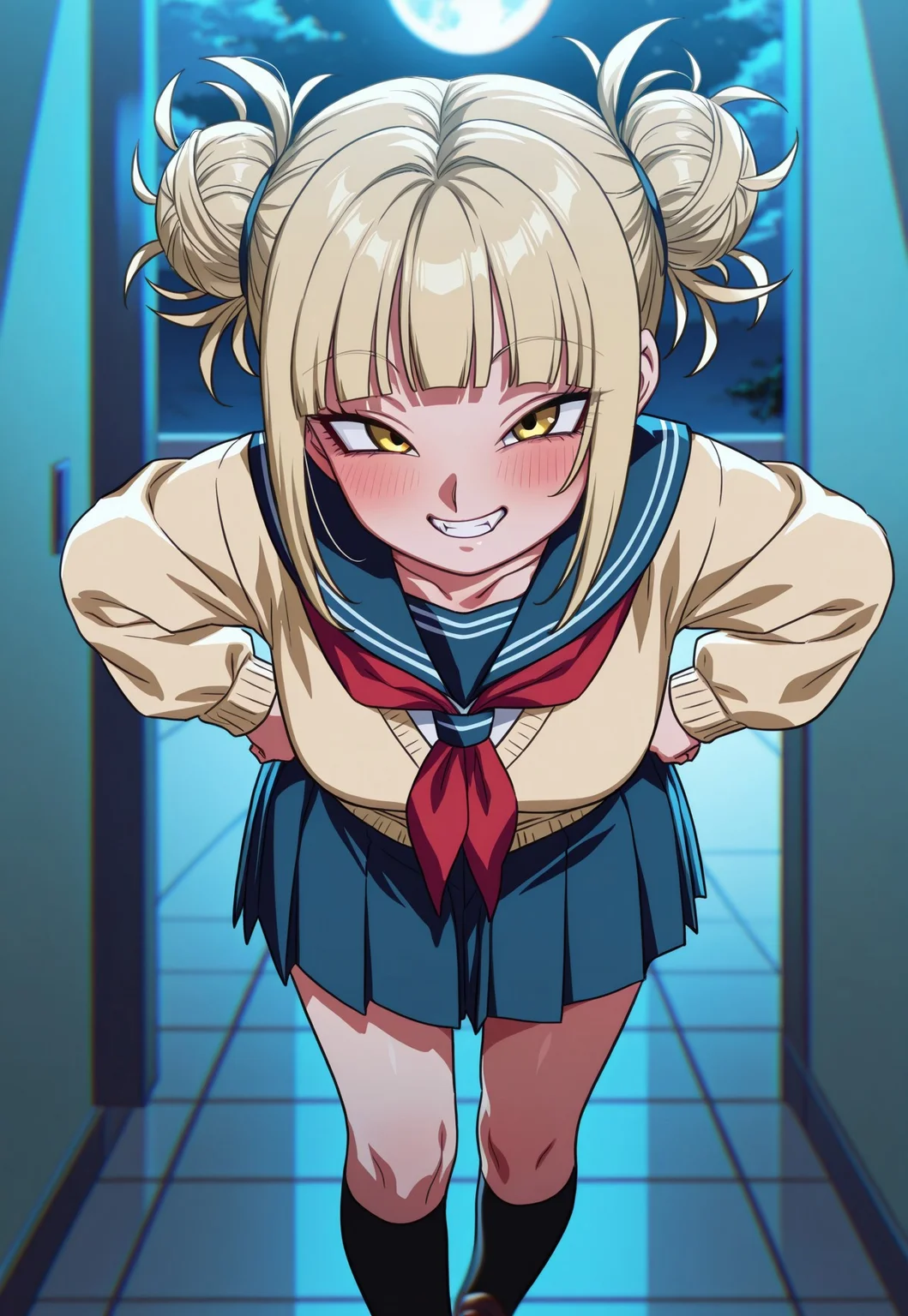masterpiece, best quality, Smooth Quality, vibrant colors, beautiful shading, very aesthetic, absurdres, Rom@_ArtStyle, rom_\(20\), official art, anime coloring, anime screencap, absurd res, 1girl, solo, himiko toga, bangs, blonde hair, yellow eyes, blunt bangs, hair bun, double bun, messy hair, fangs, skirt, long sleeves, school uniform, pleated skirt, shoes, serafuku, socks, sailor collar, blue skirt, neckerchief, kneehighs, brown footwear, cardigan, black socks, loafers, red neckerchief, yellow cardigan, eyes half closed, grin, happy, blush, leaning forward, hands on own hips, alleyway, moon, night, moonlight, looking at viewer, cowboy shot, <lora:Rom_Art_Style_for_Illustrious_v6.0:1>, masterpiece, best quality, vibrant colors, beautiful shading, amazing quality, very aesthetic, high resolution, ultra-detailed, absurdres, newest, volumetric lighting,