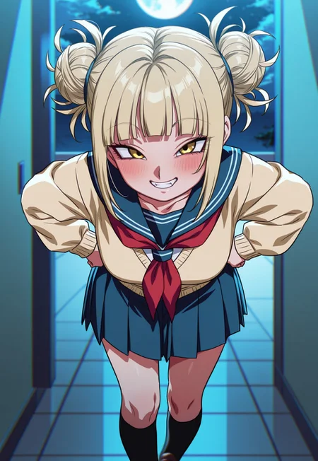 masterpiece, best quality, Smooth Quality, vibrant colors, beautiful shading, very aesthetic, absurdres, Rom@_ArtStyle, rom_\(20\), official art, anime coloring, anime screencap, absurd res, 1girl, solo, himiko toga, bangs, blonde hair, yellow eyes, blunt bangs, hair bun, double bun, messy hair, fangs, skirt, long sleeves, school uniform, pleated skirt, shoes, serafuku, socks, sailor collar, blue skirt, neckerchief, kneehighs, brown footwear, cardigan, black socks, loafers, red neckerchief, yellow cardigan, eyes half closed, grin, happy, blush, leaning forward, hands on own hips, alleyway, moon, night, moonlight, looking at viewer, cowboy shot, <lora:Rom_Art_Style_for_Illustrious_v6.0:1>, masterpiece, best quality, vibrant colors, beautiful shading, amazing quality, very aesthetic, high resolution, ultra-detailed, absurdres, newest, volumetric lighting,