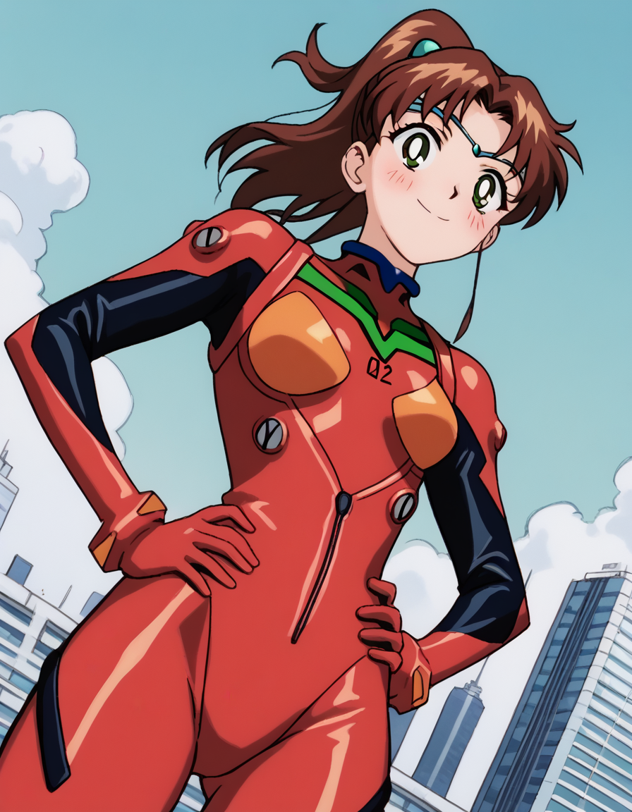 score_9, score_8_up, score_7_up, source_anime, <lora:makoto-kino-supers-movie-ponyxl-lora-nochekaiser:1>, makoto kino, brown hair, circlet, green eyes, hair bobbles, hair ornament, medium hair, ponytail, sidelocks, parted bangs,, <lora:souryuu-asuka-langley-cosplay-ponyxl-lora-nochekaiser:1>, souryuuasukalangleycosplay, souryuu asuka langley (cosplay), bodysuit, pilot suit, plugsuit, red bodysuit, interface headset,, cityscape, smile, blush, hands on hips,, , cowboy shot, dutch angle