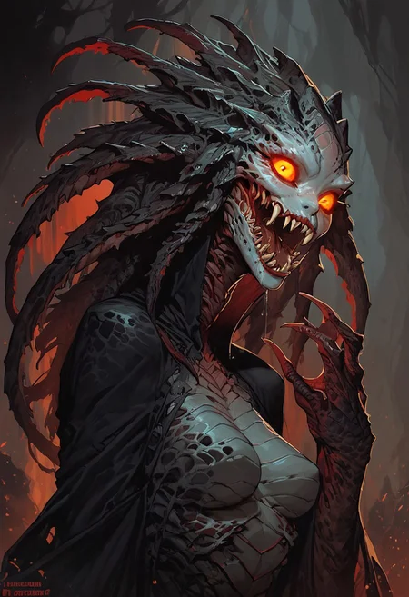 score_9, score_8_up, score_7_up, score_6_up, horror theme, feral monster girl, animalistic, feral, scaled skin, monstrous girl, ((beautiful face)), dragon girl, medium breasts, fangs, drooling, erect breasts, claws, furry, long tale, elongated muzzle, glowing eyes, scarred skin, jaws, side view, ambient soft lighting, cinematic lighting, high collar, playful illustrations, Expressiveh, g0thicPXL, glowing, neon, zPDXL3,