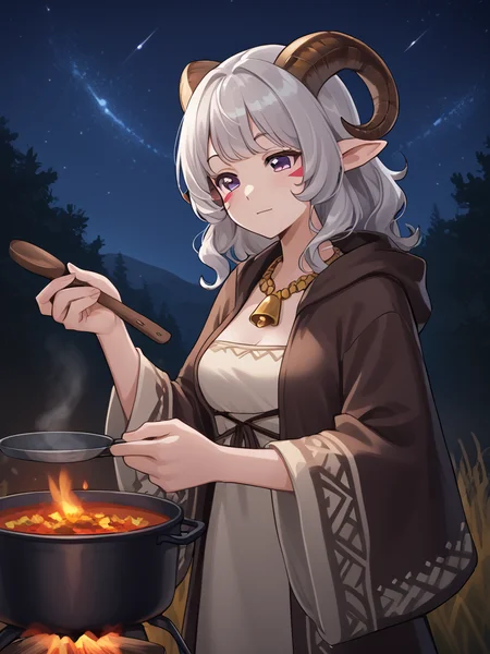 <lora:whisker_markings:0.8>red whisker_markings , cooking pot, night sky, meadow, looking at viwer, campfire, 
, source_furry, score_7_up, rating_safe, cowboy shot, gold necklace, tiefing, short pointed ears, brown horns, (a pair of brown sheep Horns that begin at her temples and curve back: 1.5), bangs, long silver hair long wavy hair, pale skin, short pointy ears, purple eyes, <lora:age_slider_v4:0.6>   medium breasts, skinny female, close up, silver hair, <lora:Tieflingnew weird fantasyDND:0.3> Tiefling, pointed ears, horns, half-closed eyes<lora:Smooth Style 2 SDXL_LoRA_Pony Diffusion V6 XL:0.5> bell, robe, hood off, <lora:cooking_pot:1>