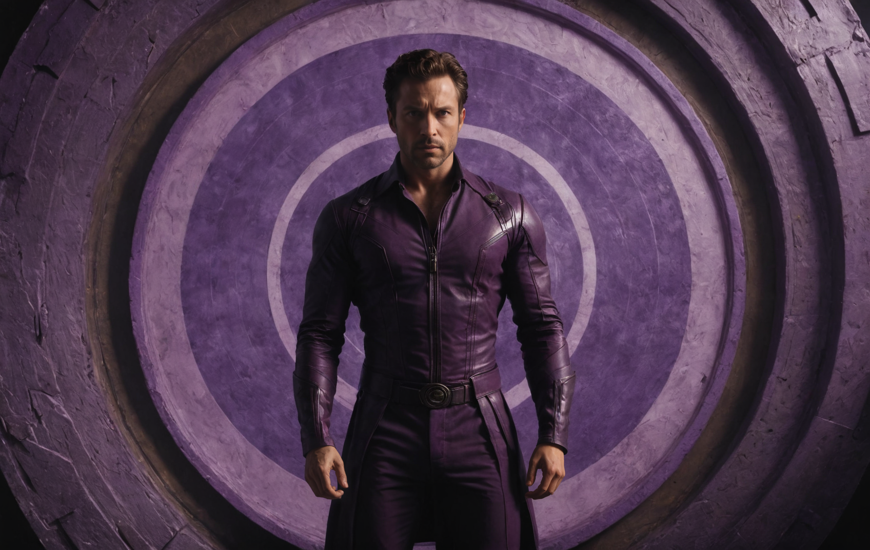 (masterpiece, best quality, ultra-detailed, best shadow), cinematic film still, photo of a man dressed in purple standing out in the middle of a purple frame in front of two circular circles, in the style of avengers, detailed textures, strong facial expression, celestialpunk, cinematic sets, crumpled, knee protection, standing, brown hair, science fiction  <lora:aesthetic_anime_v1s:1>