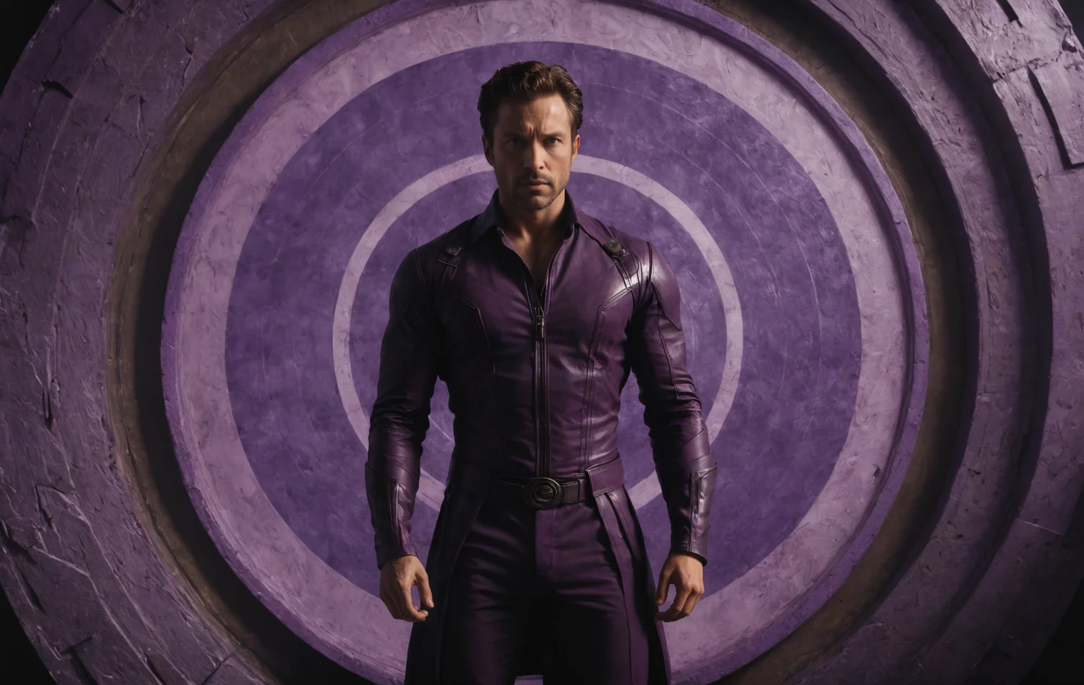 (masterpiece, best quality, ultra-detailed, best shadow), cinematic film still, photo of a man dressed in purple standing out in the middle of a purple frame in front of two circular circles, in the style of avengers, detailed textures, strong facial expression, celestialpunk, cinematic sets, crumpled, knee protection, standing, brown hair, science fiction <lora:aesthetic_anime_v1s:1>