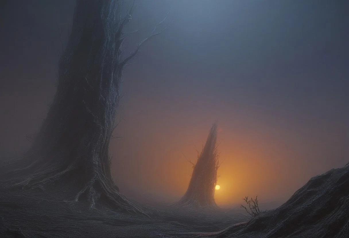 Surrealism art by Zdzisław Beksiński and H.R. Giger. A dark jungle unfurls in endless, suffocating layers of sinewy vines and skeletal trees, their bark riddled with grotesque, organic patterns resembling fractured bone. The ground is a slick, pulsating carpet of decayed vegetation, emitting faint phosphorescent glows that seem to whisper secrets of forgotten despair.
Towering monoliths, half-hidden in the suffocating foliage, are carved with intricate, alien glyphs that writhe as if alive. Pools of thick, tar-like liquid dot the terrain, reflecting twisted and distorted visions of human faces, their expressions frozen in anguish. Above, a sky of bruised purple and black churns with storm clouds, streaked with glowing veins of crimson.
At the heart of the jungle, a colossal bloom emerges—a grotesque amalgamation of sharp petals and fleshy tendrils. Its center pulsates with a sickly green light, illuminating the surrounding decay. As it moves, the air fills with an eerie hum, vibrating with the weight of ancient, malignant power. Shadows slither across the landscape, whispering promises of release and ruin, as the jungle pulses like a living organism consuming all hope.