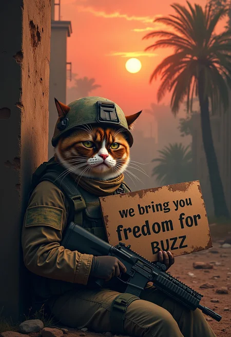 A realistic picture of cat army operator sitting against wall holding a cardboard sign that reads "we bring you freedom for BUZZ". Overhead shot of the iconic orange Grumpy Cat reimagined as a battle-hardened American special forces in the ruined city in midle east, . Orange Cat, dressed in rugged military gear with a helmet slightly askew, holds a modern assault rifle with a determined yet perpetually unimpressed expression. The ruined city after war around him is dark and foreboding, with thick foliage, towering trees, and a misty atmosphere that hints at the dangers lurking within. In the background, a10 warthog soar above the treetops, their silhouettes barely visible through the smoky, war-torn red sky at Sunset. mouth is wide open, clearly shouting, "More BUZZ, we need more BUZZ! "will work " is boldly displayed at the top, with a gritty, distressed font that echoes classic war movie posters. The overall tone of the poster is intense and surreal, combining the seriousness of a Gulf War epic with the humorous, deadpan attitude of Grumpy Cat. <lora:schnell_v1.0:0.8>