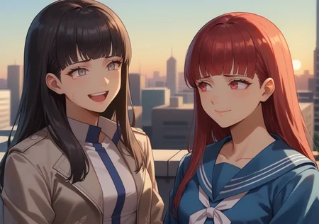 score_9, score_8_up, score_7_up, source_anime,high detail, detailed face,2girl, rooftop, horizon, city, sunset,,depth of field,shoulder to shoulder,two women arm in arm,eye contact,
BREAK <lora:zs_TaoXL:1> taosmtv, long hair, black hair, blunt bangs, grey eyes, jacket, shirt, grey skirt, plaid skirt,laugh,tears of joy,
BREAK <lora:zs_SahoriXL_1:1> sahorismtv, long hair, blunt bangs, red hair, blue serafuku, long sleeves, blue skirt, white pantyhose, shy,smile,embarrassed
