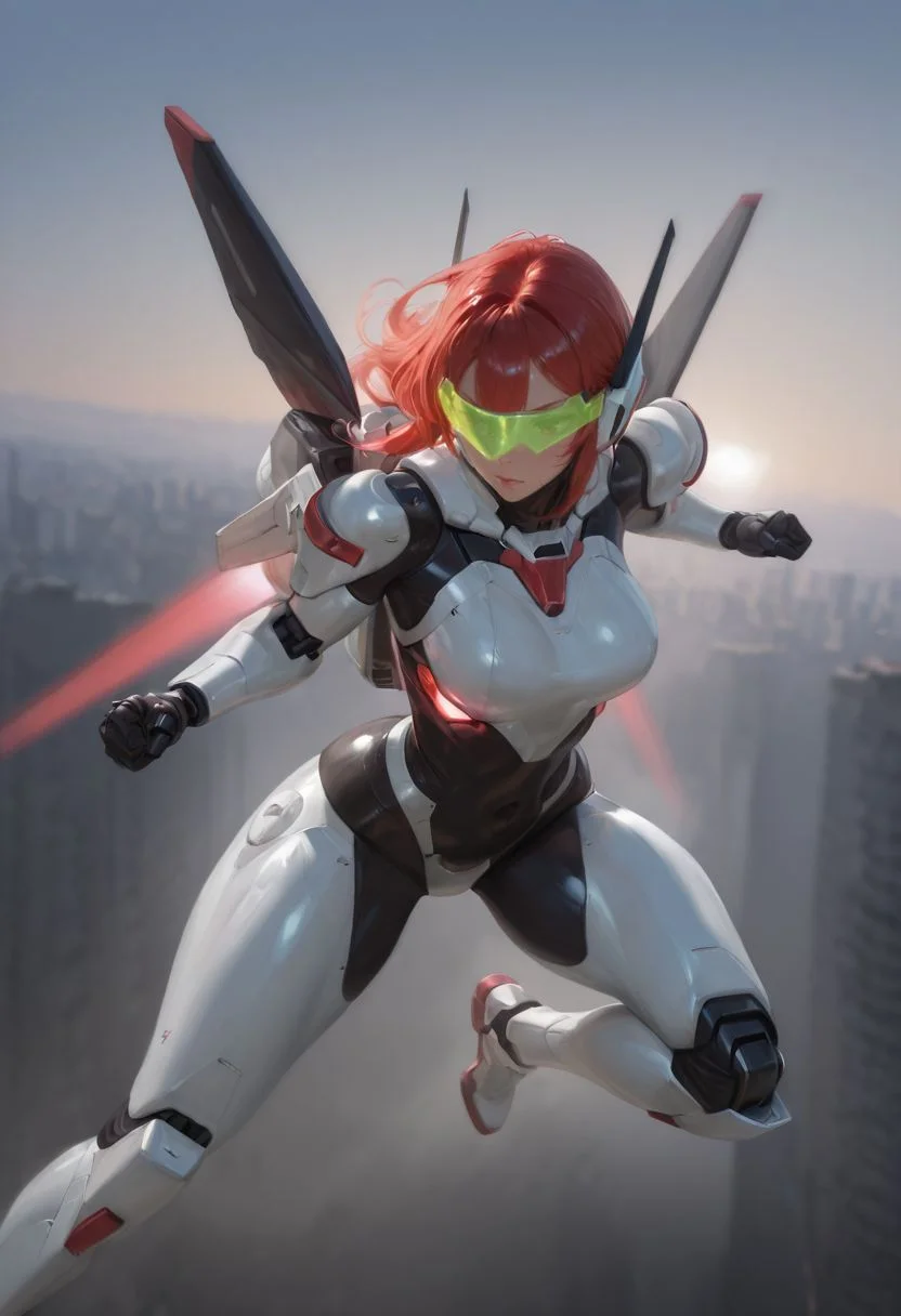 SmoothNoob_Quality, 1girl, long red hair, mecha suits, mecha exoskeleton, augmented bodyparts, robotic bodyparts, white armor, jetpack, flying, black details, glowing visor, glowing armor, fighting stance, cityscape, <lora:SmoothStyle_Lambda:1>