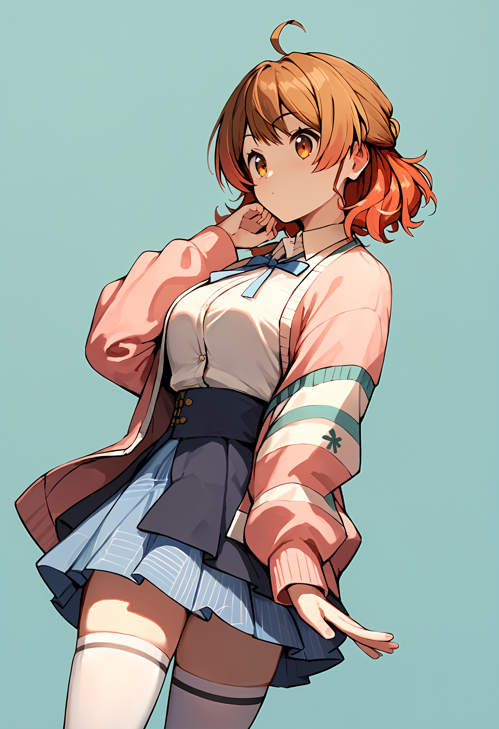 (score_9, score_8_up, score_7_up), 1girl, hanami ume, white thighhighs, cowboy shot, simple background, <lora:gakuen-imPO-v2e-000008:0.9>