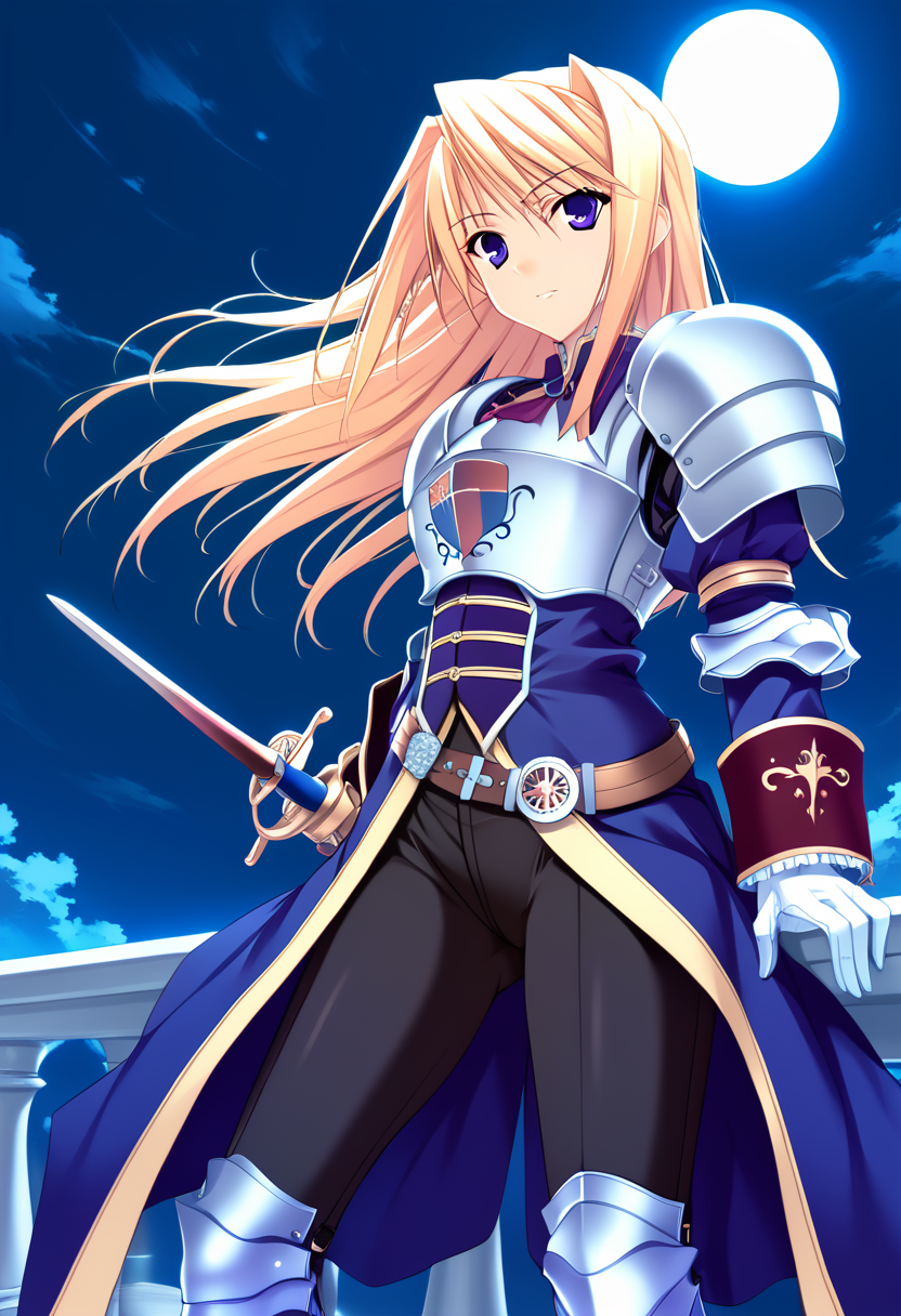 score_9, score_8_up, score_7_up, absurdres,  best quality, ydsylvia, 1girl, solo, long hair, blue eyes, blonde hair, purple eyes, weapon, sky, otft1, belt, sword, armor, night, moon, full moon, hair between eyes, bangs, side bangs, black pants, breastplate, boots, pauldrons, white gloves, looking at the viewer, dutch angle, wind, wind blow hair, upper body, dynamic angle, dynamic pose
<lora:Sylvia_van_Hossen_ponyXLC:1>