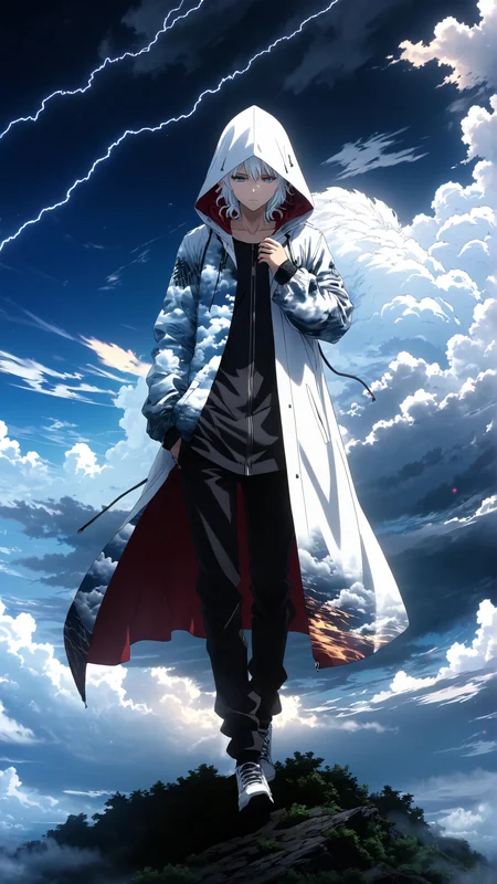 2D anime style, anime screencap, captivating figure with white hair and a cloud-patterned hooded jacket, detailed and reflective surfaces, eyes obscured by the hood for a mysterious look, vibrant and detailed cloud-filled sky, dramatic lighting effects, extreme complexity, rich colors