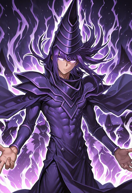 score_9,score_8_up,score_7_up,<lora:darkmagician_dataset_01_v11>,dkmgcn,1boy,solo,purple hair,purple eyes,neutral expression,magician robe,duel_monsters,cinematic,three quarters angle,<lora:IL_Phonk_album_cover_v1.0:0.7>,phnk,glowing eyes,aura,silhouette,floating hair,blank eyes,toned body,abs,