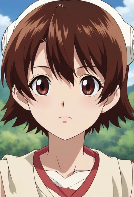 <lora:SlimesYuzuriha:1>, slimes_yuzuriha, woman, solo,short hair,brown hair,brown eyes,