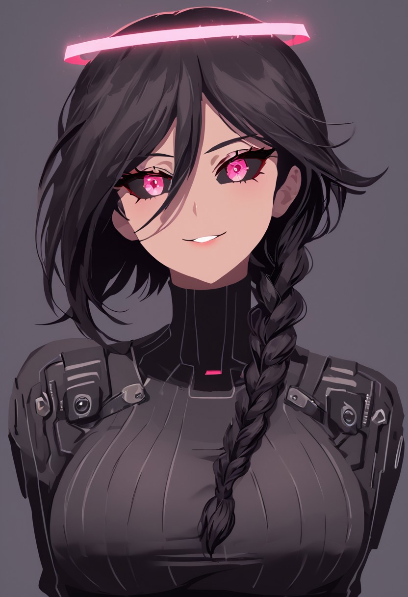 1girl, female, cel-shading, backlit, big eyes, cute eyes, delicate features, short hair, (braided hair), black hair, portrait, nsfw, smug, seductive eyes, horns, hologram halo, 0xYung, techwear, cyborg, cybernoir, heavy rain, rainrops, (((dark))), sexy, sensual glare, pink eyes, black sclera, huge breasts, lineless, flat color,
