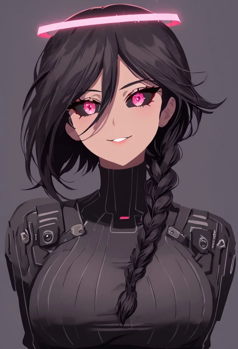 1girl, female, cel-shading, backlit, big eyes, cute eyes, delicate features, short hair, (braided hair), black hair, portrait, nsfw, smug, seductive eyes, horns, hologram halo, 0xYung, techwear, cyborg, cybernoir, heavy rain, rainrops, (((dark))), sexy, sensual glare, pink eyes, black sclera, huge breasts, lineless, flat color,