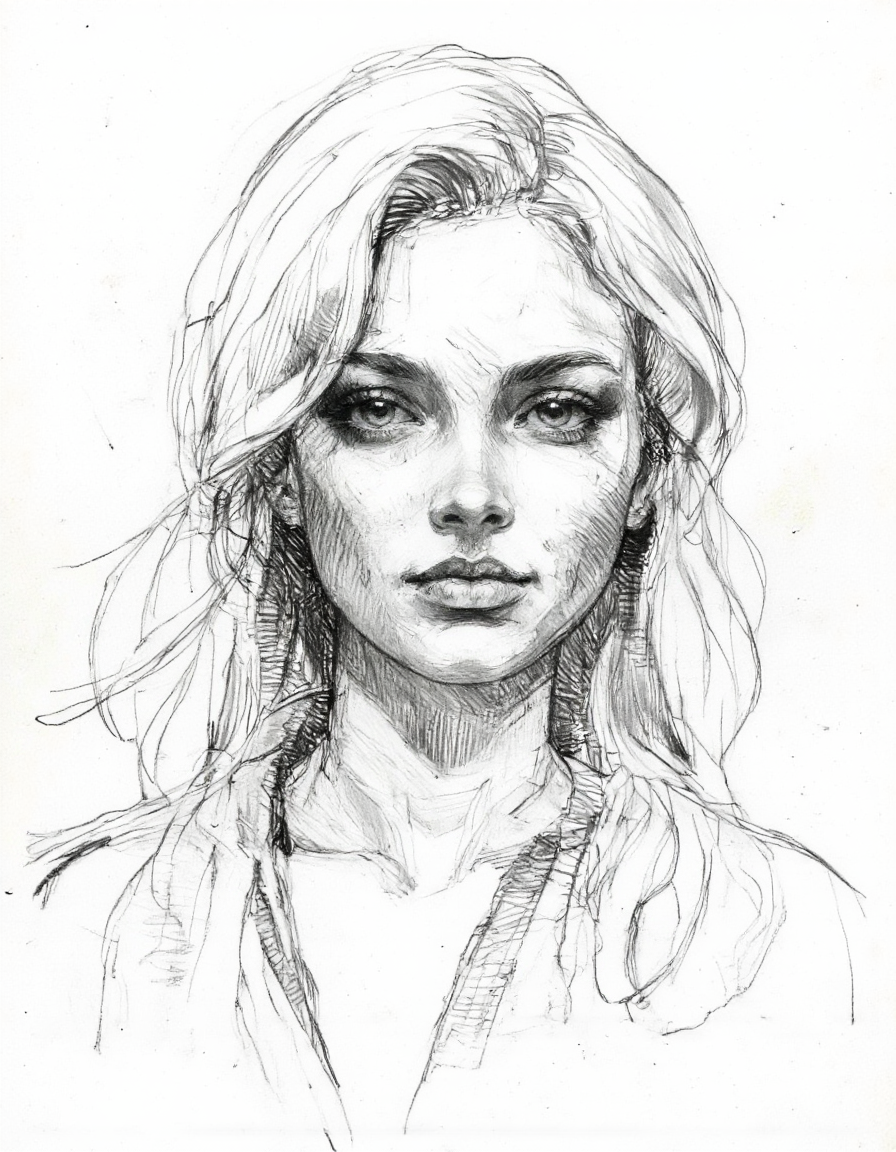 This image is a pencil drawing of a woman's head and shoulders. The artwork is rendered in a detailed, realistic style with intricate pencil lines and shading. The subject is a woman with striking features, including a strong jawline, high cheekbones, and piercing eyes. Her hair is depicted in a flowing, wavy style, with strands carefully rendered to suggest depth and volume. 
Her eyes are open wide, giving a sense of intensity and focus. <lora:Sketch:1>