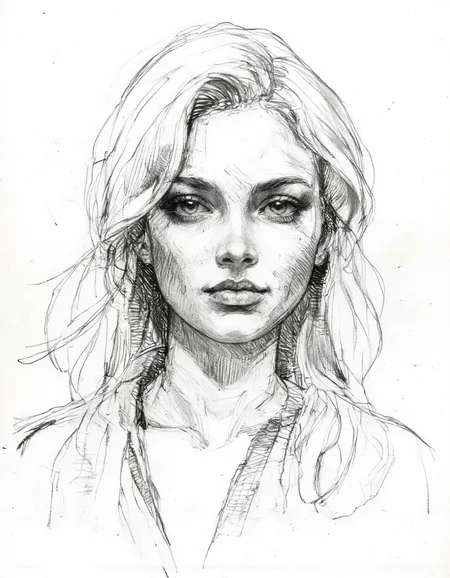 This image is a pencil drawing of a woman's head and shoulders. The artwork is rendered in a detailed, realistic style with intricate pencil lines and shading. The subject is a woman with striking features, including a strong jawline, high cheekbones, and piercing eyes. Her hair is depicted in a flowing, wavy style, with strands carefully rendered to suggest depth and volume.
Her eyes are open wide, giving a sense of intensity and focus. <lora:Sketch:1>