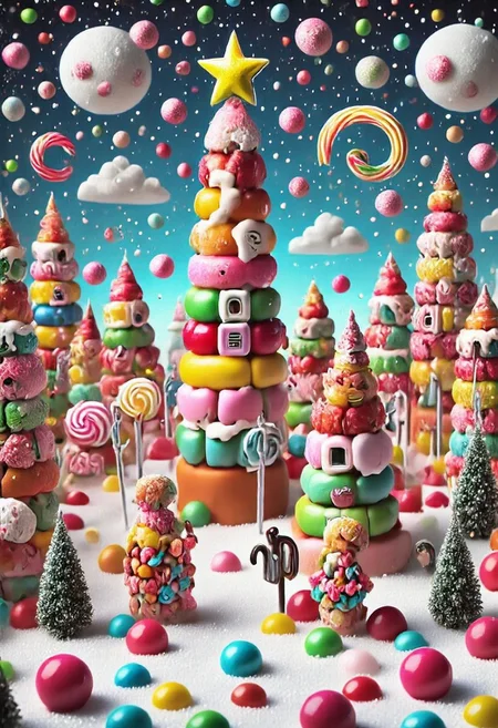 CHRC4ND7,  Candy Christmas cyberpunk city , candy robots, candy cyborgs, <lora:mrpcanrnet2:1> style of paint of mrp, mrph of a carnet mrpcanrnet2 with mrpdamier on (mrpvp), covered of mrpv,