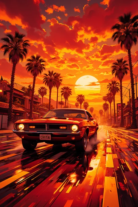 pinhole photography. Dutch angle cinematic shot of a cherry red muscle car from the 1970s cruising at speed onto a majestic reddish sunset. The road reflects the bright orangish glow of the sun on the drenched asphalt, and palm trees line its sides. Bright yellows and reds reflect on the car's body and highlight its fast moving silhouette. Pinkish clouds adorn the vast expanse of the horizon, creating depth and perspective in this energetic composition. The car's license plate has the text "CIVITAI".