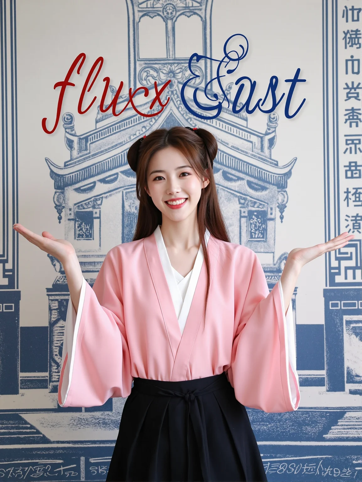This is a semi-body portrait of a Hanfu figure with high clarity, combining modern and traditional elements in style. The person in the picture is a young woman wearing a pink traditional Hanfu top with a white inner collar, and below her is a pair of black pants. Her hair is brown and falls over her shoulders, and she is wearing two red hair accessories that look like traditional hairpins. She has a happy expression, smiling and raising her hands in a playful gesture. The background is a wall adorned with blue architectural patterns and some text.
There is a prominent artistic font above the picture, which reads' fluxEast 'in English