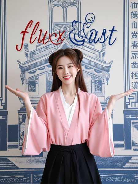 This is a semi-body portrait of a Hanfu figure with high clarity, combining modern and traditional elements in style. The person in the picture is a young woman wearing a pink traditional Hanfu top with a white inner collar, and below her is a pair of black pants. Her hair is brown and falls over her shoulders, and she is wearing two red hair accessories that look like traditional hairpins. She has a happy expression, smiling and raising her hands in a playful gesture. The background is a wall adorned with blue architectural patterns and some text.
There is a prominent artistic font above the picture, which reads' fluxEast 'in English