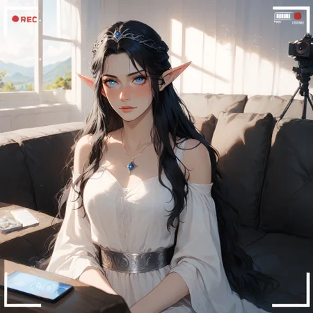 Fullmetal_alchemist style, triba1gir1XL, score_9, score_8_up, score_7_up, 1girl, Arwen_Undómiel, Arwen_(Lord_of_the_Rings), Evenstar, evenstar_pendant, pendant, jewelry, Arwen, elf, blue eyes, black hair, long hair, sidelocks, (embarrassed), sitting, full-face blush, on couch, (recording), media player interface, battery indicator, Scenery, indoors, (casting_couch:1.2)